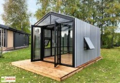 Serre De Jardin En Bois Et Verre Trempé Avec Panneaux Occultants – Tournesol -Serre Et Potager Soldes Magasin serre jardin bois gris panneaux stali design 06